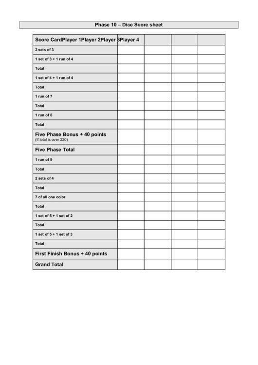 Phase 10 - Dice Score Sheet Printable pdf