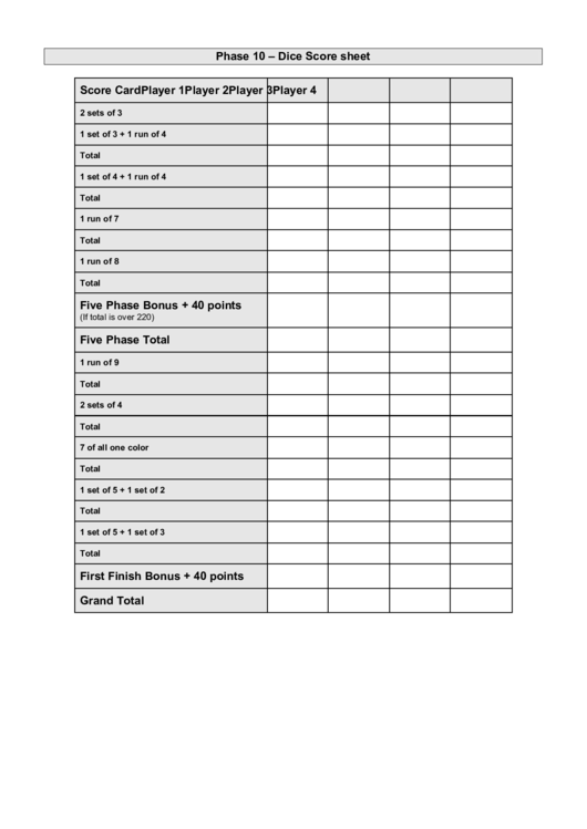 Phase 10 Dice Score Sheet Printable Pdf Download