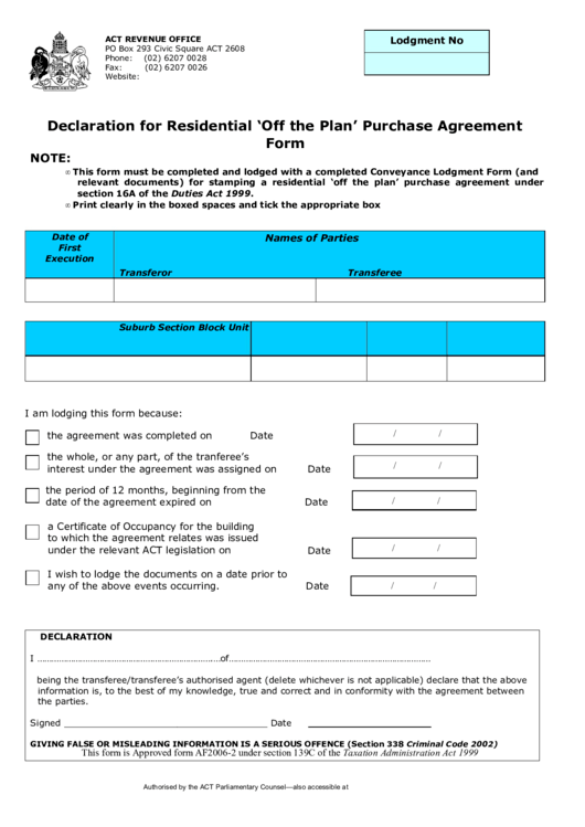 Fillable Declaration For Residential Off The Plan Purchase Agreement Form Printable pdf
