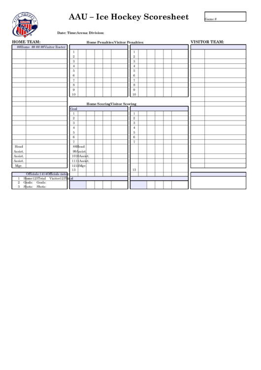 Aau - Ice Hockey Scoresheet Printable pdf