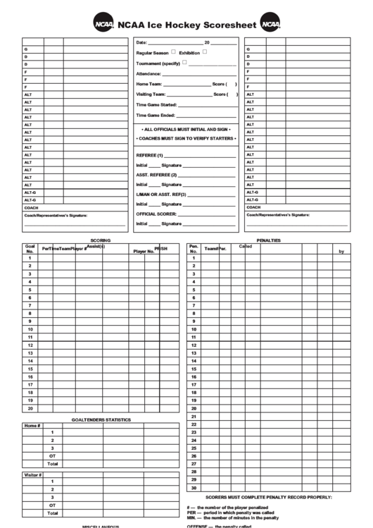 Ncaa Ice Hockey Scoresheet Printable pdf