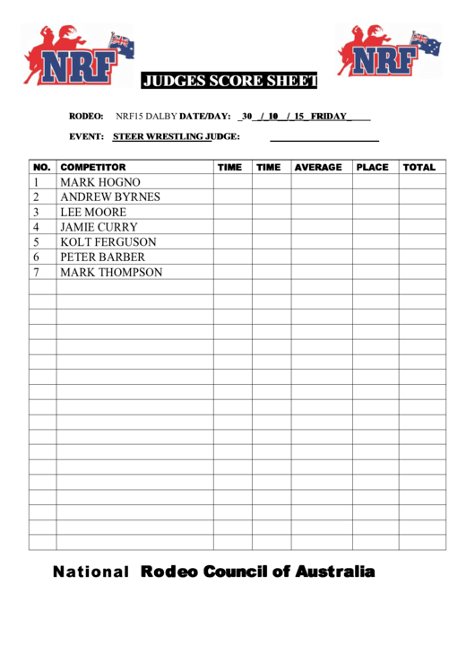 Judges Score Sheet Printable pdf