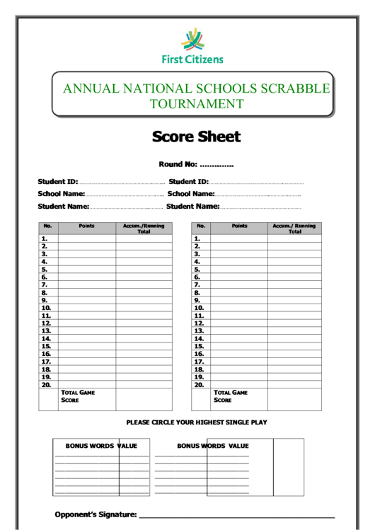Schools Scrabble Tournament Score Sheet Template Printable pdf