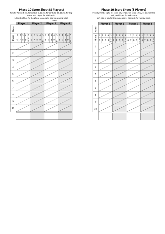 Phase 10 Score Sheet Template (8 Players) Printable pdf