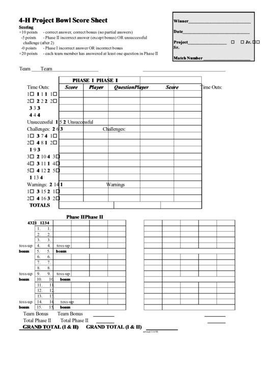 4-H Project Bowl Score Sheet Printable pdf