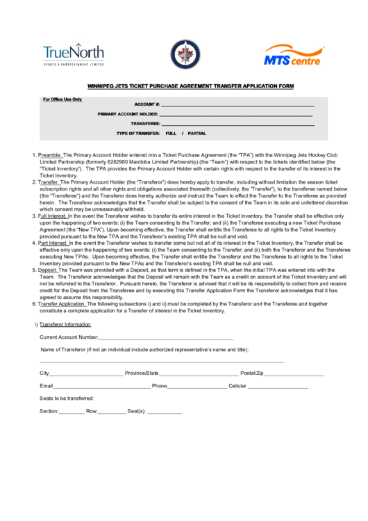 Winnipeg Jets Ticket Purchase Agreement Transfer Application Form Printable pdf