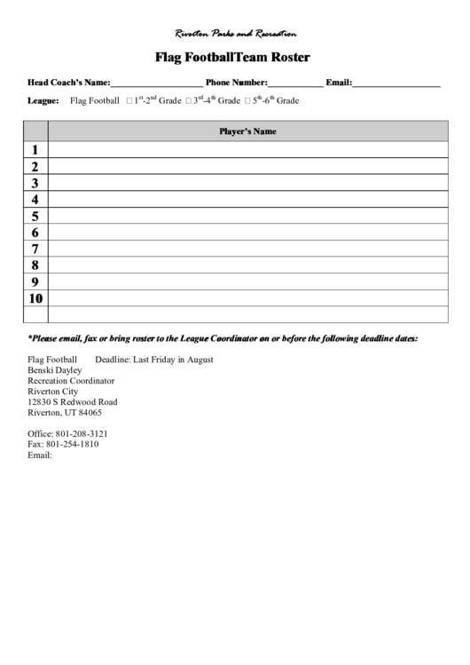 Flag Football Team Roster Printable pdf