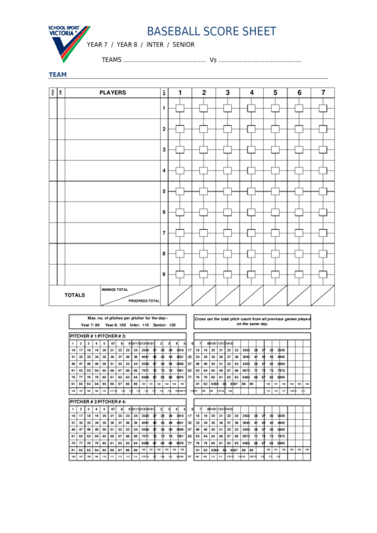 Baseball Score Sheet Template - Year 7/year 8/inter/senior (Two Page) Printable pdf