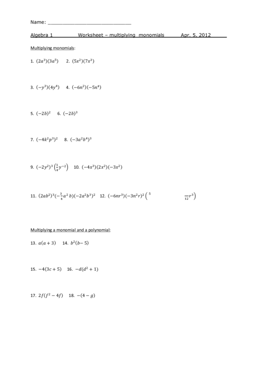 Algebra 1 Worksheet - Multiplying Monomials Printable pdf