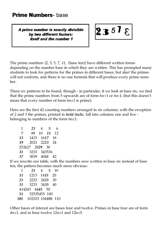 Prime Numbers - Base Patterns Printable pdf
