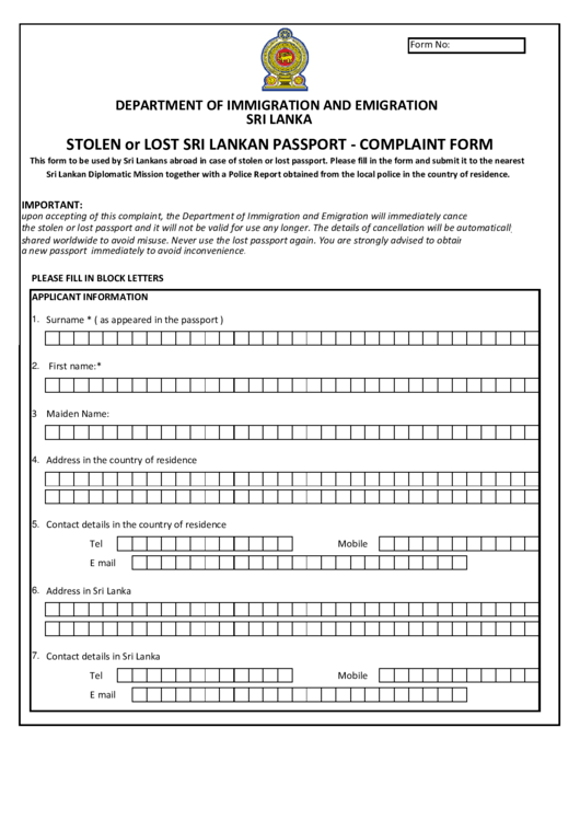 Stolen Or Lost Sri Lankan Passport Complaint Form Printable pdf