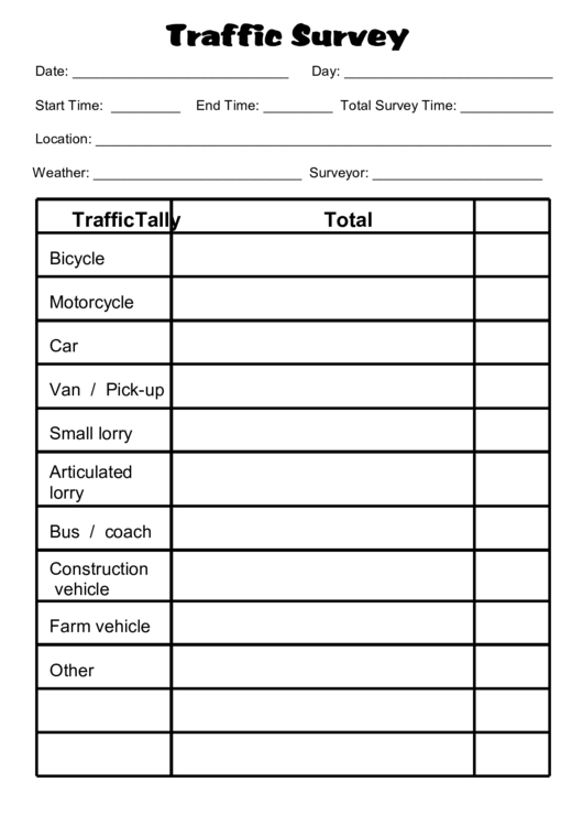 Blank Traffic Survey Sheet For Children Printable pdf