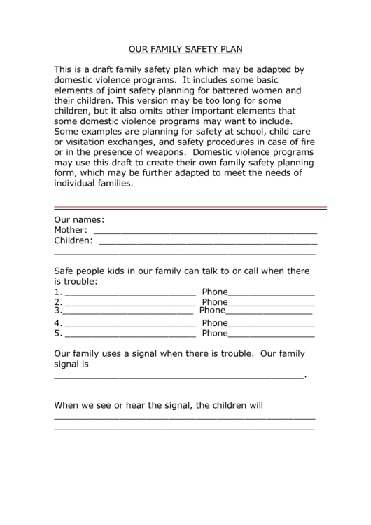 Our Family Safety Plan Template Printable pdf