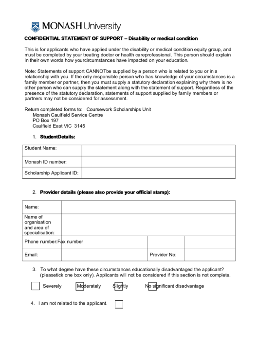 Monash University Confidential Statement Of Support Printable pdf