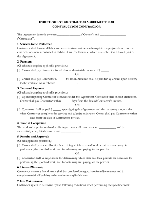 Independent Contract Or Agreement For Construction Contractor Printable pdf