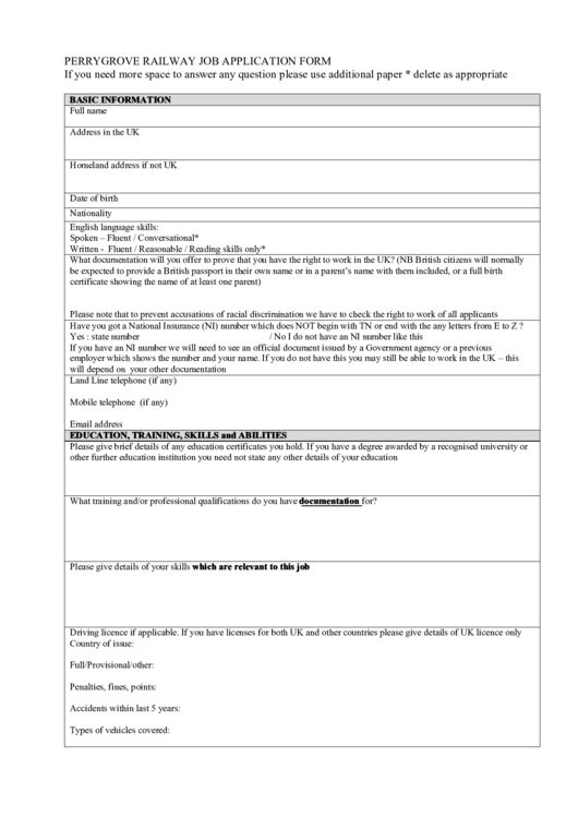 Perrygrove Railway Job Application Form Printable pdf