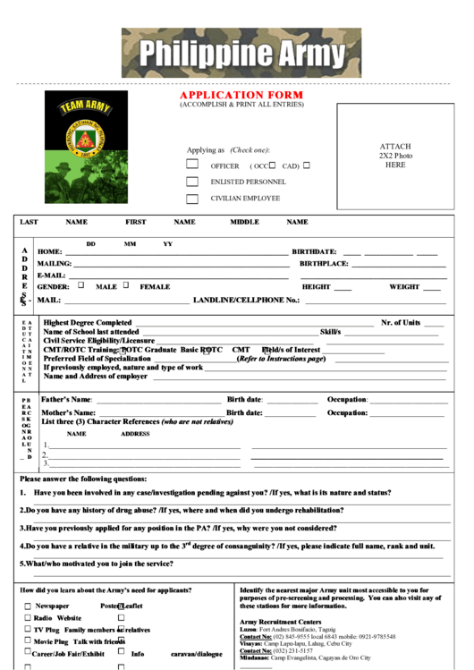 Philippine Army Application Form printable pdf download