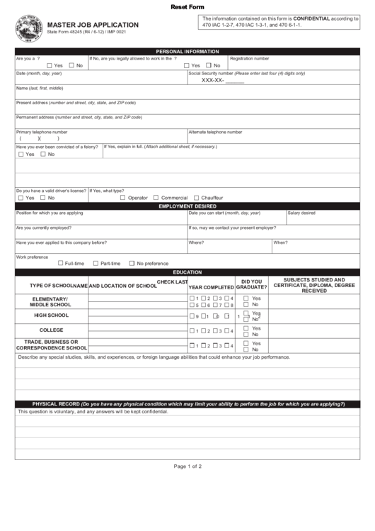 Fillable Master Job Application Form Printable pdf
