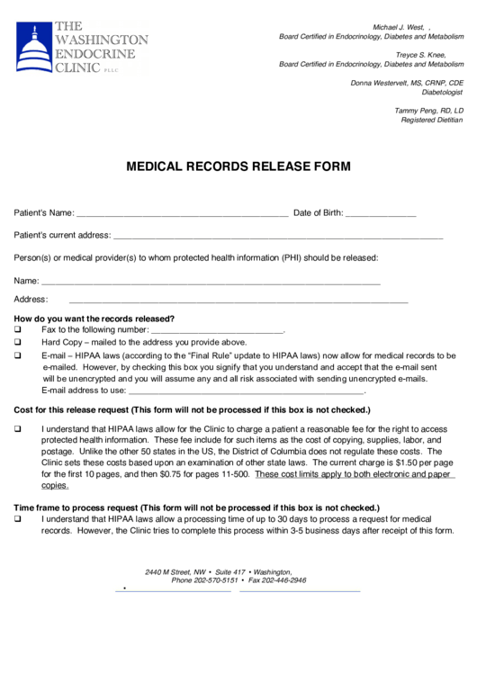 Fillable The Washington Endocrine Clinic Medical Records Release Form Printable pdf
