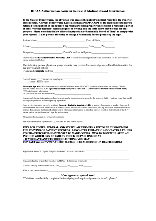 Hipaa Authorization Form For Release Of Medical Record Information