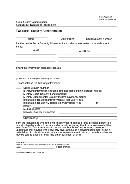 Fillable Social Security Administration Consent For Release Of Information Printable pdf