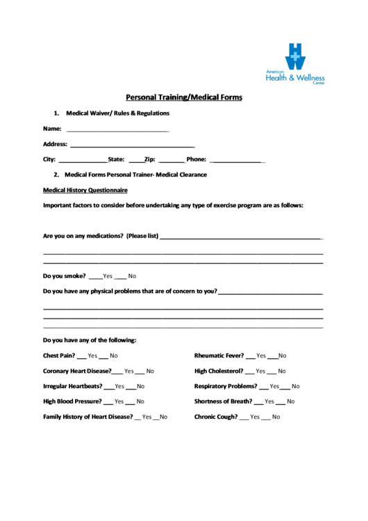 Personal Training/medical Forms Printable pdf