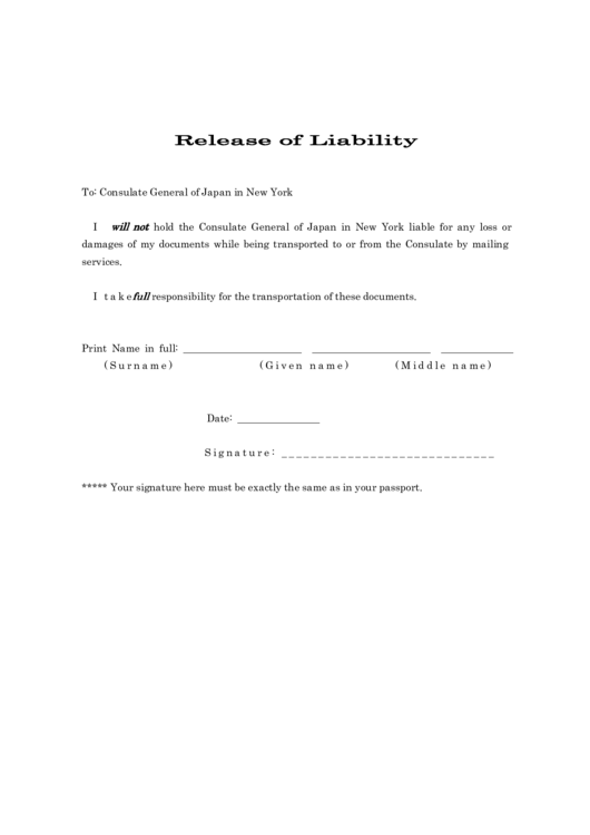 Release Of Liability Printable pdf