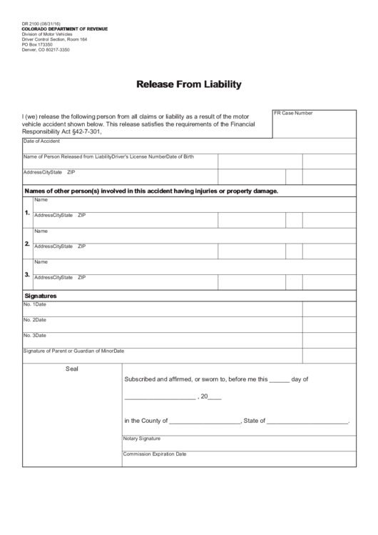 Fillable Form Dr 2100 - Release Of Liability Form Car Accident Printable pdf
