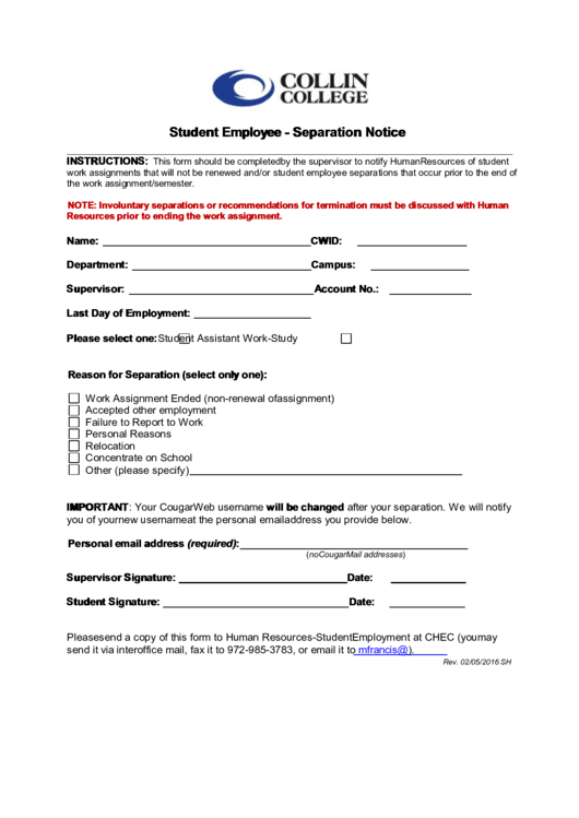 Student Employee - Separation Notice Printable pdf