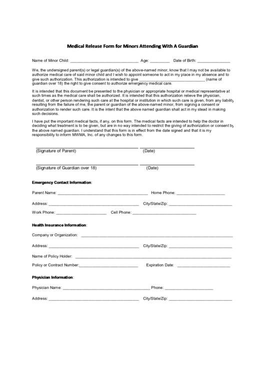 Medical Release Form For Minors Attending With A Guardian Printable Pdf 2982