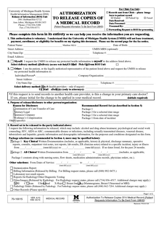 Fillable Authorization To Release Copies Of A Medical Record Printable pdf