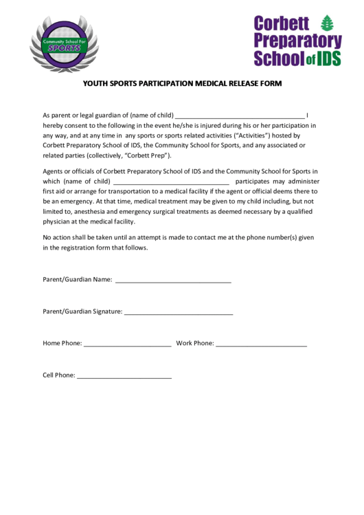 Youth Sports Participation Medical Release Form Printable Pdf Download