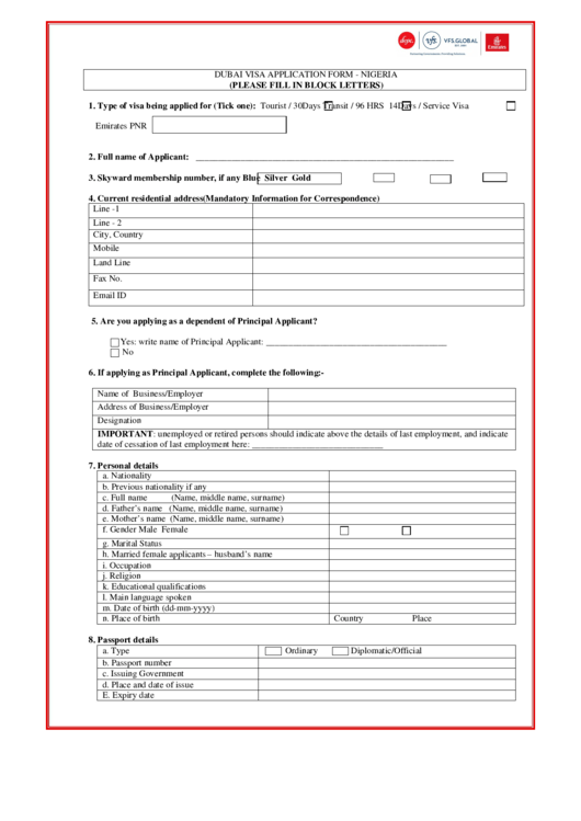 Fillable Dubai Visa Application Form - Nigeria printable pdf download
