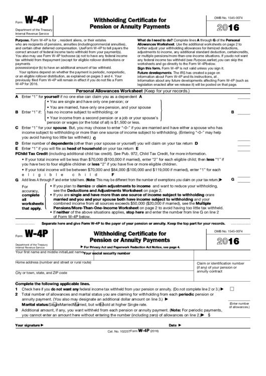 Fillable Form W-4p - Withholding Certificate For Pension Or Annuity Payments - 2016 Printable pdf