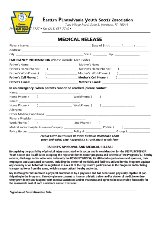 Eastern Pennsylvania Youth Soccer Association Medical Release Printable pdf