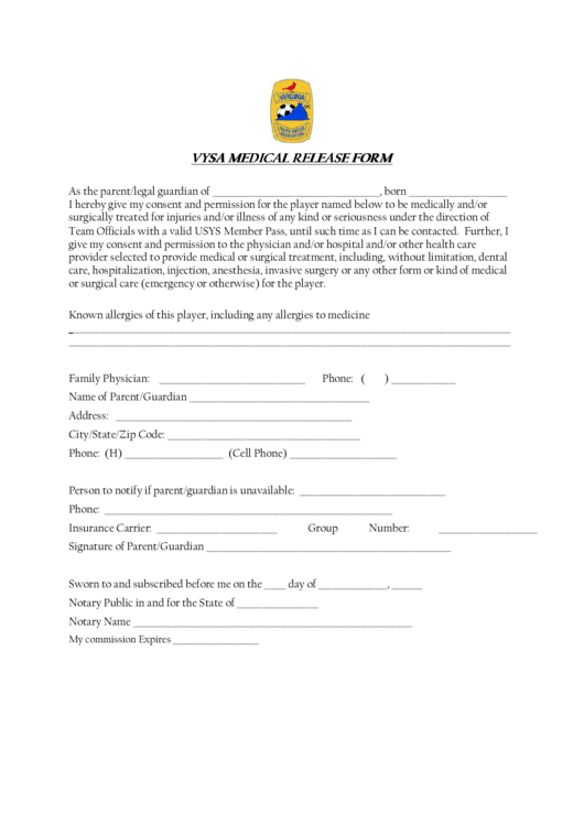 Vysa Medical Release Form Printable pdf