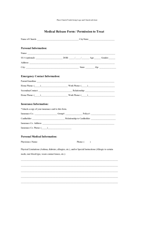 Medical Release Form / Permission To Treat Printable pdf