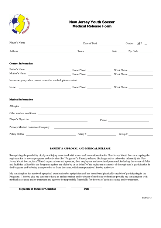 New Jersey Youth Soccer Medical Release Form Printable pdf