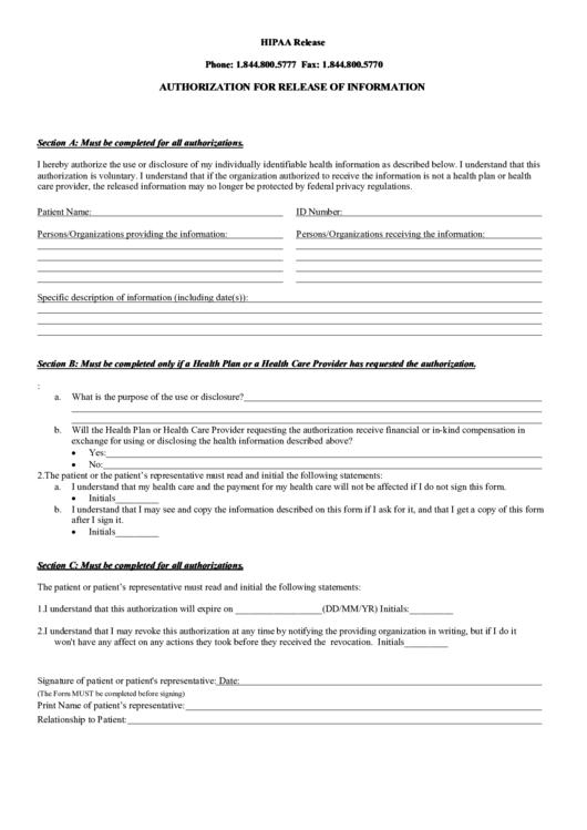 Hipaa Authorization For Release Of Information Printable pdf