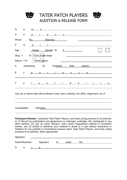 Tater Patch Players Audition & Release Form Printable pdf