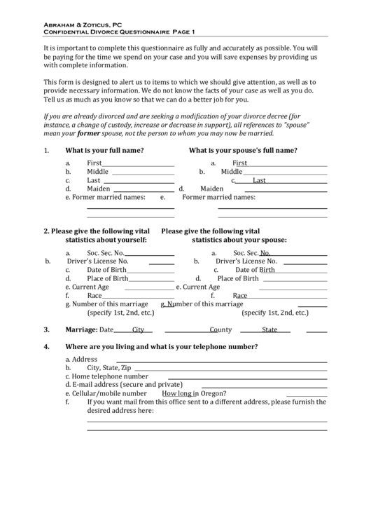 Fillable Confidential Divorce Questionnaire Template Printable pdf