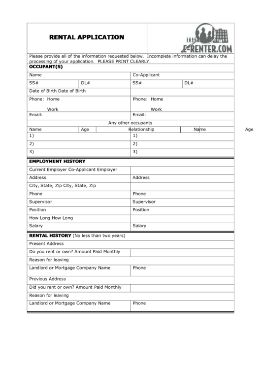 Rental Application Template Printable pdf