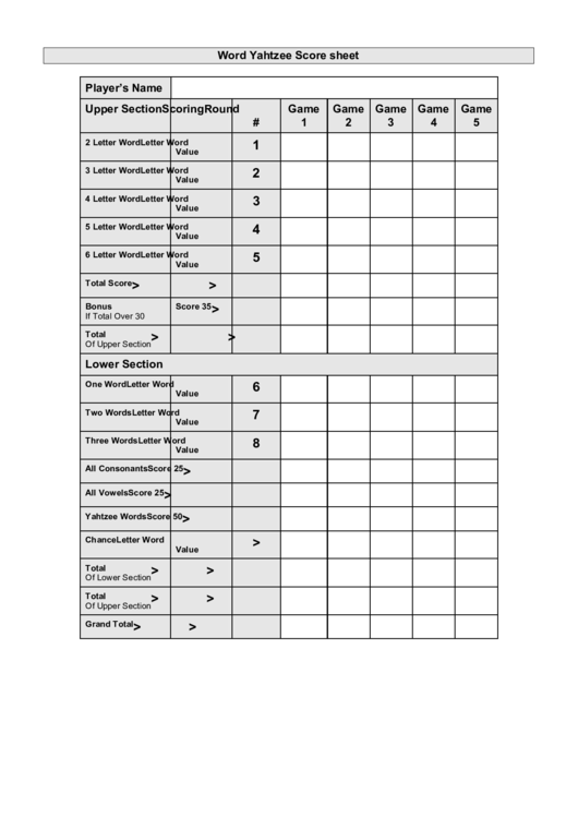 Word Yahtzee Score Sheet Printable pdf