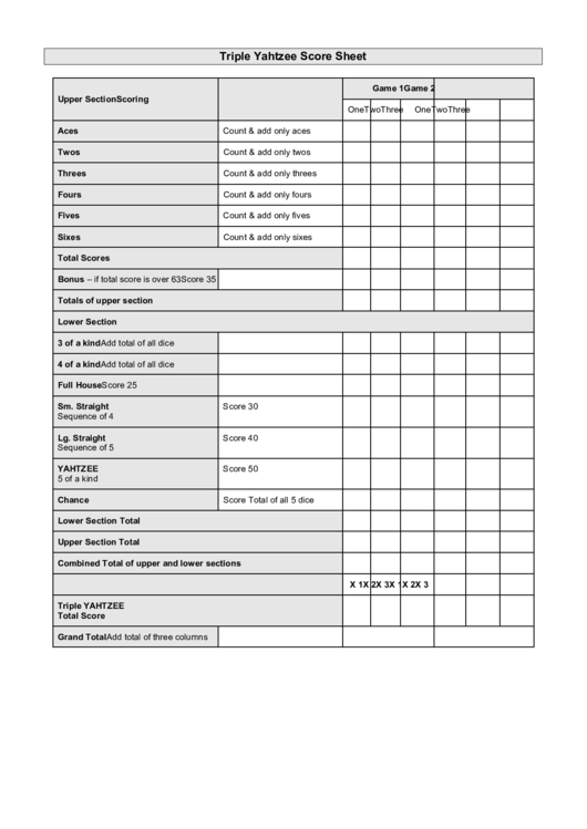 Triple Yahtzee Score Sheet printable pdf download