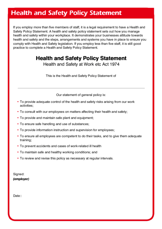 Health And Safety Policy Statement Printable pdf