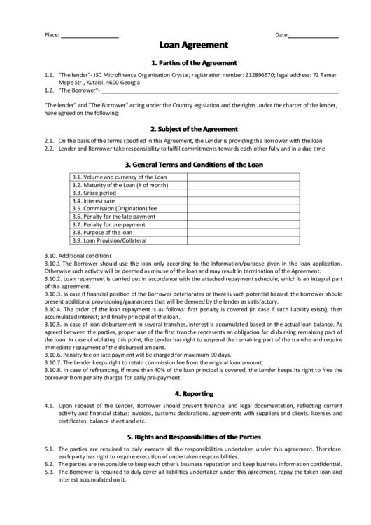 Loan Agreement Printable pdf