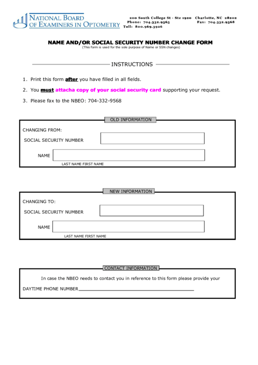 Fillable National Board Name And/or Social Security Number Change Form Printable pdf