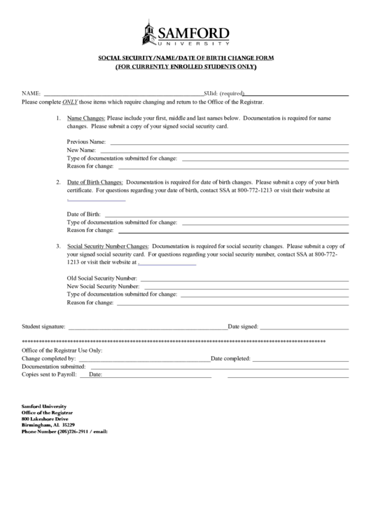 Social Security/name/date Of Birth Change Form Printable pdf