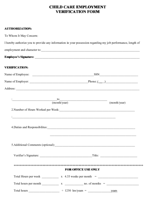 Child Care Employment Verification Form Printable pdf