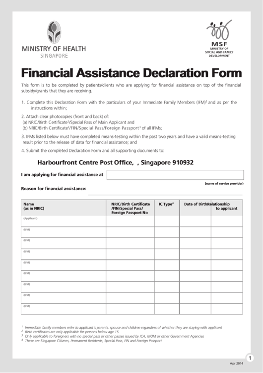 Msf Financial Assistance Declaration Form Printable pdf